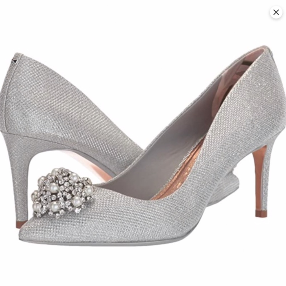 Ted Baker Darlill Metallic Brooch Heel Pump Silver